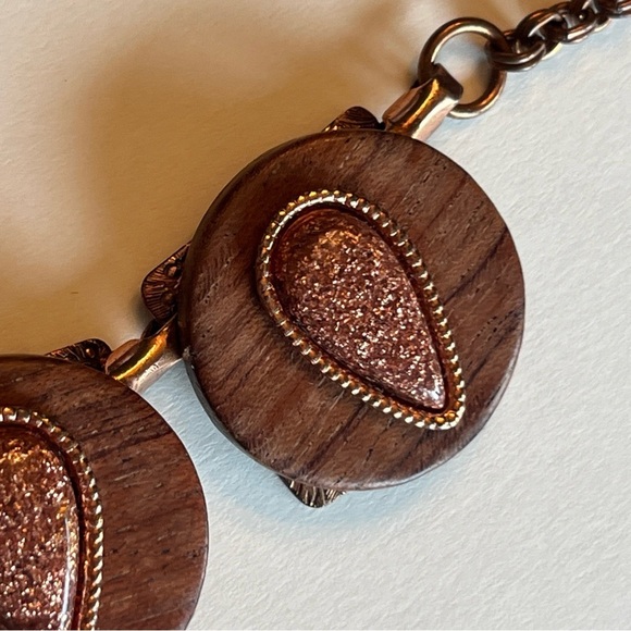 Elegant Vintage Copper, Wood, & Goldstone Necklace & Earring Set - Picture 4 of 8